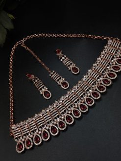 Rose Gold Plated American Diamond Necklace set with Maangtika Perfect Wedding jewellery