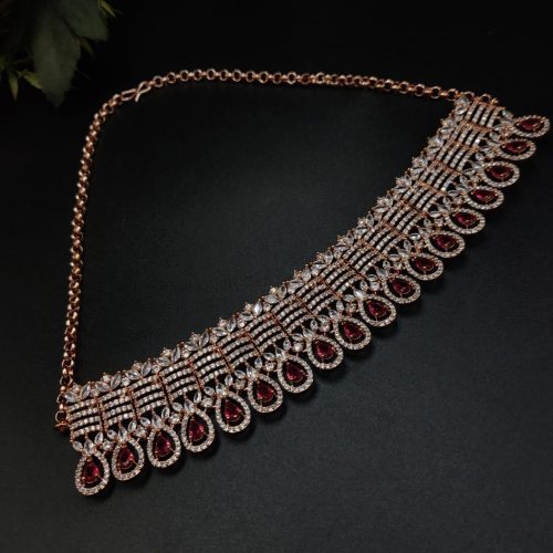 Rose Gold Plated American Diamond Necklace set with Maangtika Perfect Wedding jewellery - Image 3