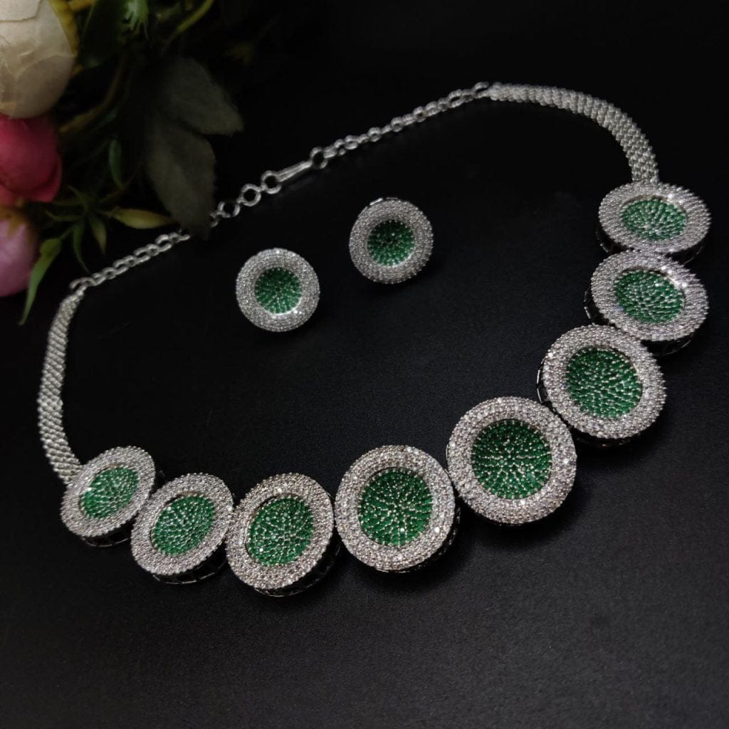 American Diamond Necklace with Green CZ Stone Choker Set