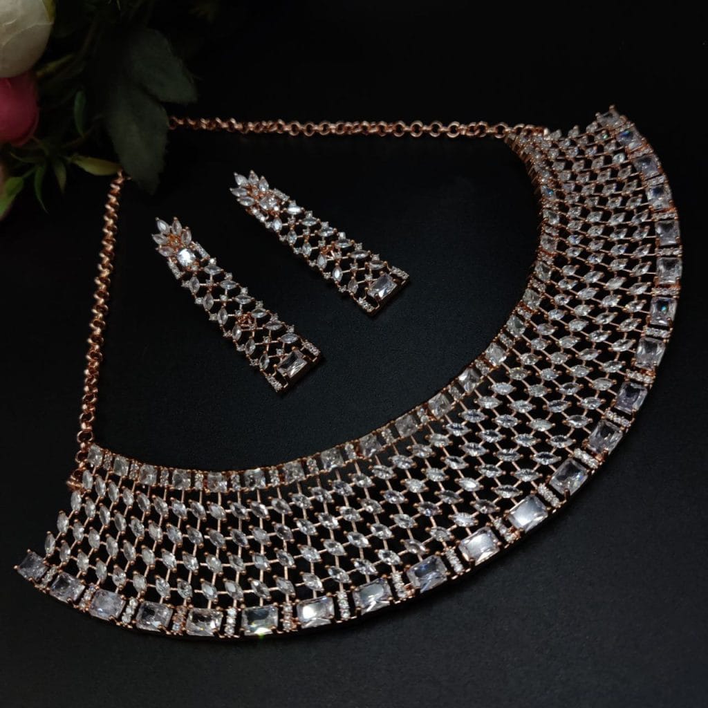 Rose Gold Plated American Diamond Necklace set Perfect Wedding jewellery