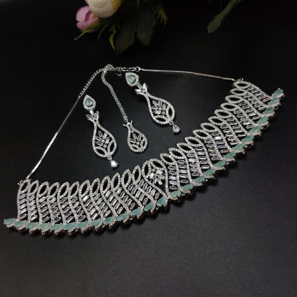 American Diamond Necklace with Maangtika Green Monalisa Stone Choker Set