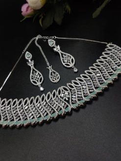 American Diamond Necklace with Maangtika Green Monalisa Stone Choker Set