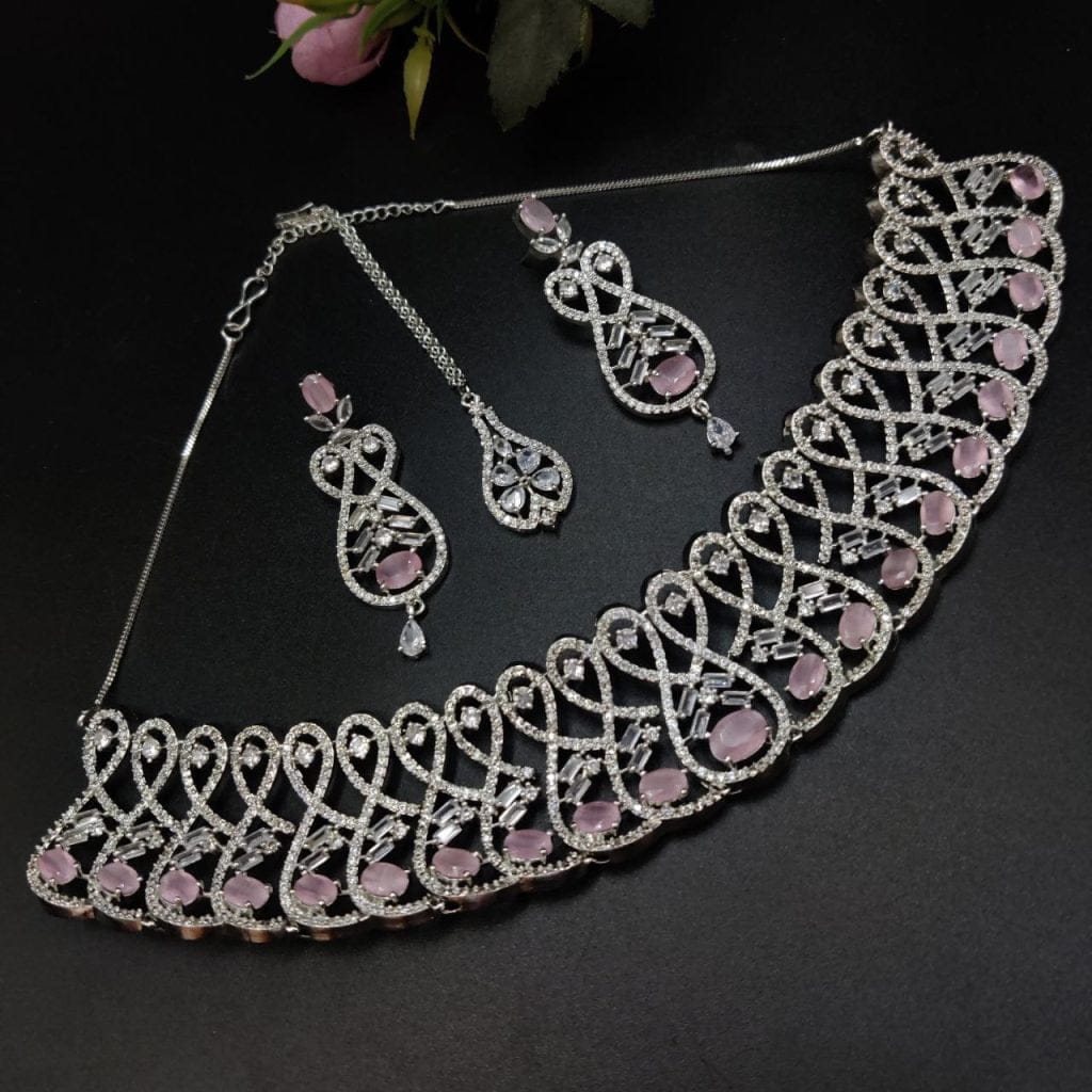 Premium Quality American Diamond Necklace with Maangtika Green Monalisa Stone Choker Set