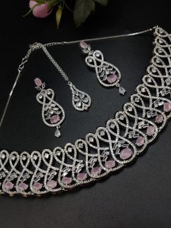 Premium Quality American Diamond Necklace with Maangtika Green Monalisa Stone Choker Set