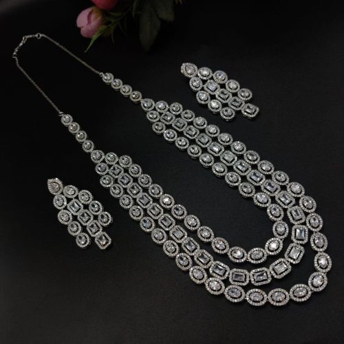 Premium Quality 3 Layer American Diamond AD Necklace Set Wedding Special