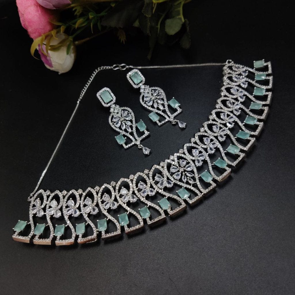 American Diamond Necklace with Maangtika Monalisa Stone Choker Set