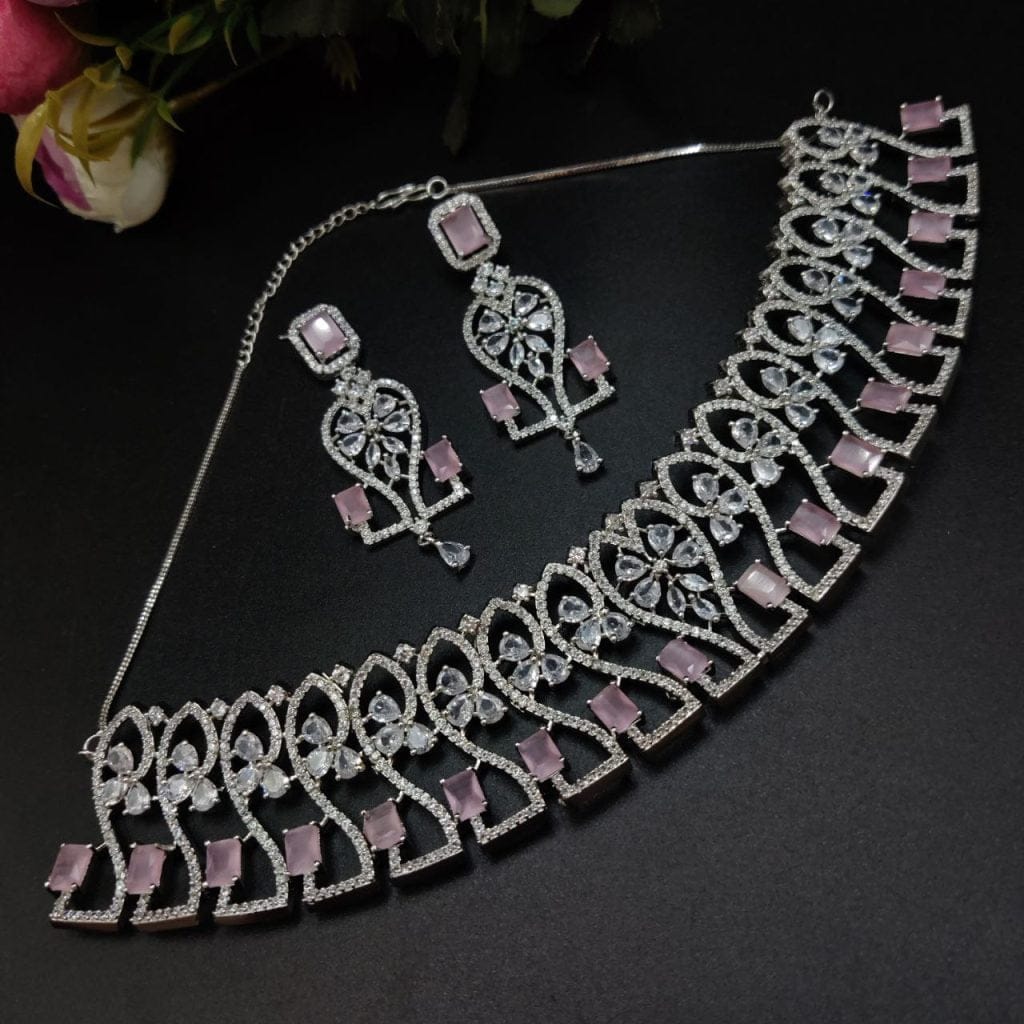 Premium Quality American Diamond Necklace with Maangtika Monalisa Stone Choker Set