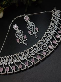 Premium Quality American Diamond Necklace with Maangtika Monalisa Stone Choker Set