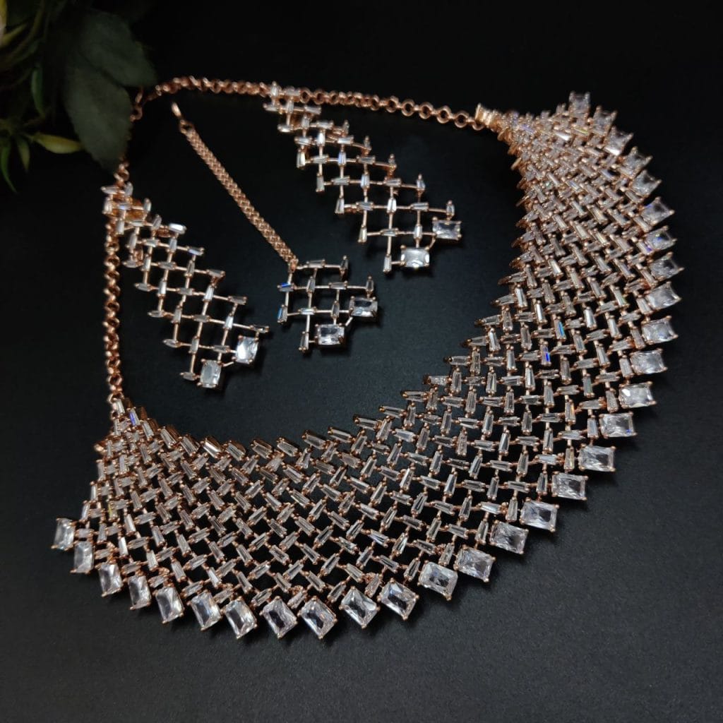 Rose Gold Plated American Diamond Necklace Choker Set Choice for Ring Ceremony