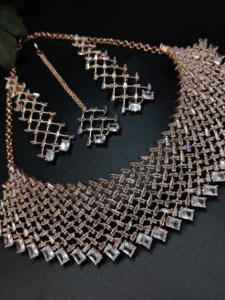 Rose Gold Plated American Diamond Necklace Choker Set Choice for Ring Ceremony