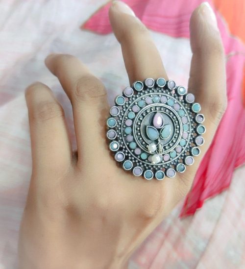 Silver Replica Ring | Round Shape Pearl Beads Adjustable Rings For Girls