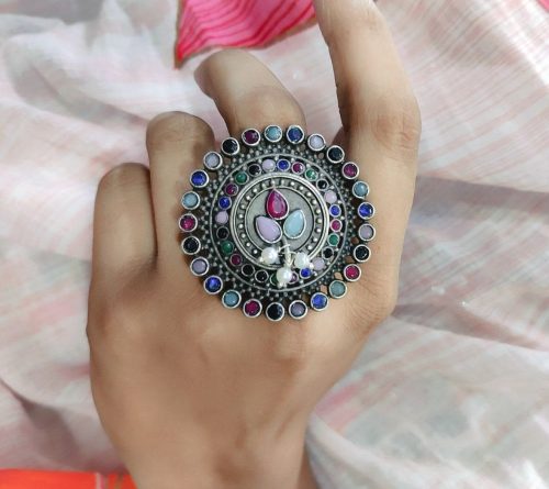Silver Replica Ring | Round Shape Pearl Beads Adjustable Rings For Girls