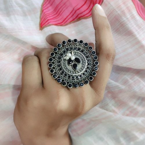 Silver Replica Ring | Round Shape Pearl Beads Adjustable Rings For Girls