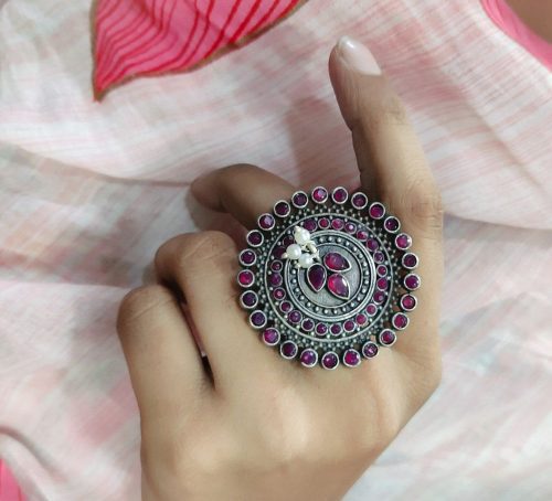 Silver Replica Ring | Round Shape Pearl Beads Adjustable Rings For Girls