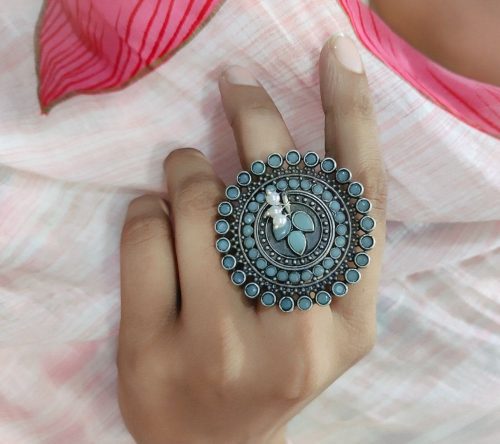 Silver Replica Ring | Round Shape Pearl Beads Adjustable Rings For Girls