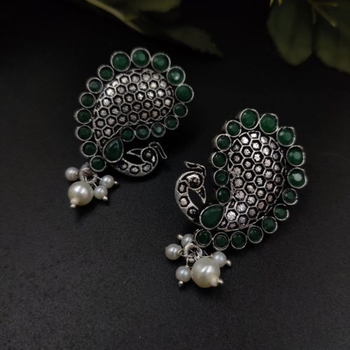 Stone Work Oxidised Peacock Design Stud Earrings With pearl Beads - Image 2