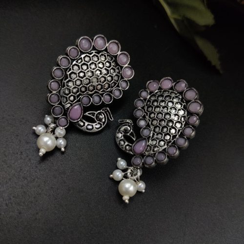 Stone Work Oxidised Peacock Design Stud Earrings With pearl Beads - Image 3
