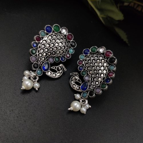 Stone Work Oxidised Peacock Design Stud Earrings With pearl Beads - Image 4