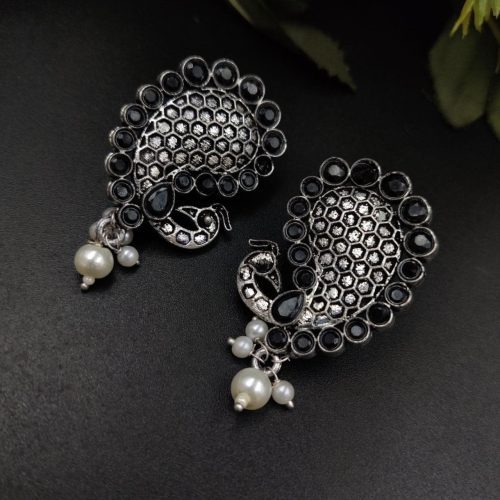 Stone Work Oxidised Peacock Design Stud Earrings With pearl Beads - Image 5