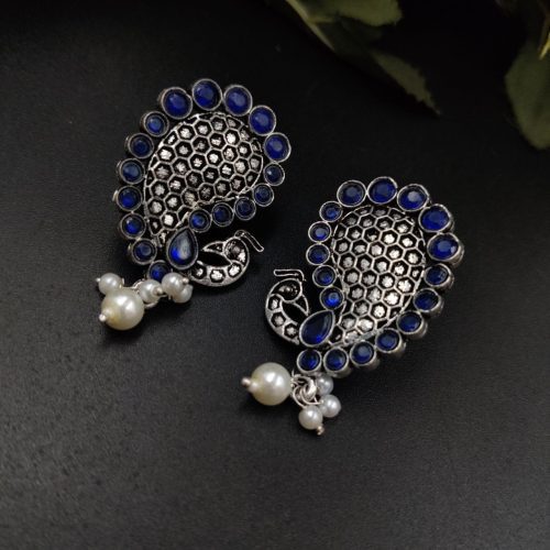 Stone Work Oxidised Peacock Design Stud Earrings With pearl Beads - Image 6