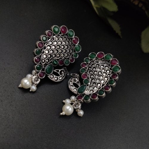 Stone Work Oxidised Peacock Design Stud Earrings With pearl Beads - Image 7