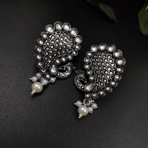 Stone Work Oxidised Peacock Design Stud Earrings With pearl Beads - Image 8