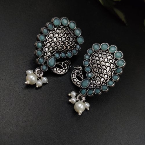 Stone Work Oxidised Peacock Design Stud Earrings With pearl Beads - Image 9