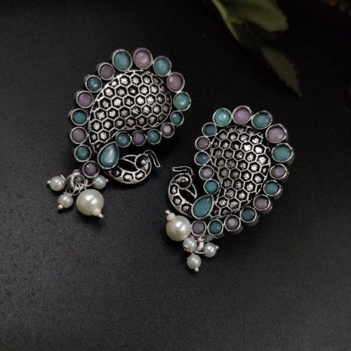 Stone Work Oxidised Peacock Design Stud Earrings With pearl Beads - Image 10