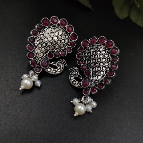 Stone Work Oxidised Peacock Design Stud Earrings With pearl Beads - Image 11