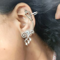 Oxidized silver lamp earcuff earrings with pearl beads