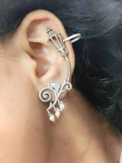 Oxidized silver lamp earcuff earrings with pearl beads