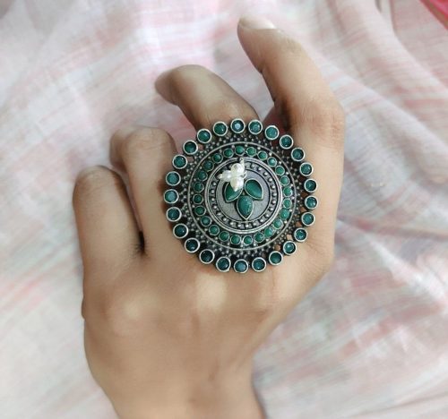 Silver Replica Ring | Round Shape Pearl Beads Adjustable Rings For Girls - Image 9