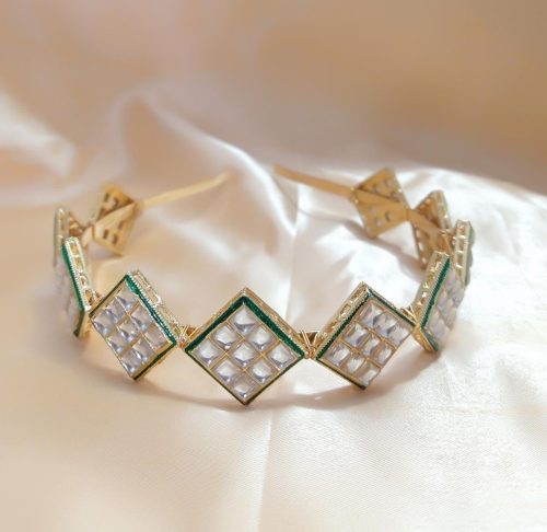 Gold Plated Meenakari Square Shape Kundan Hair Bands For Girls