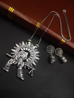 Lord-krishna-Special-Flute-Pendent-Oxidised-Necklace-With-Jhumka