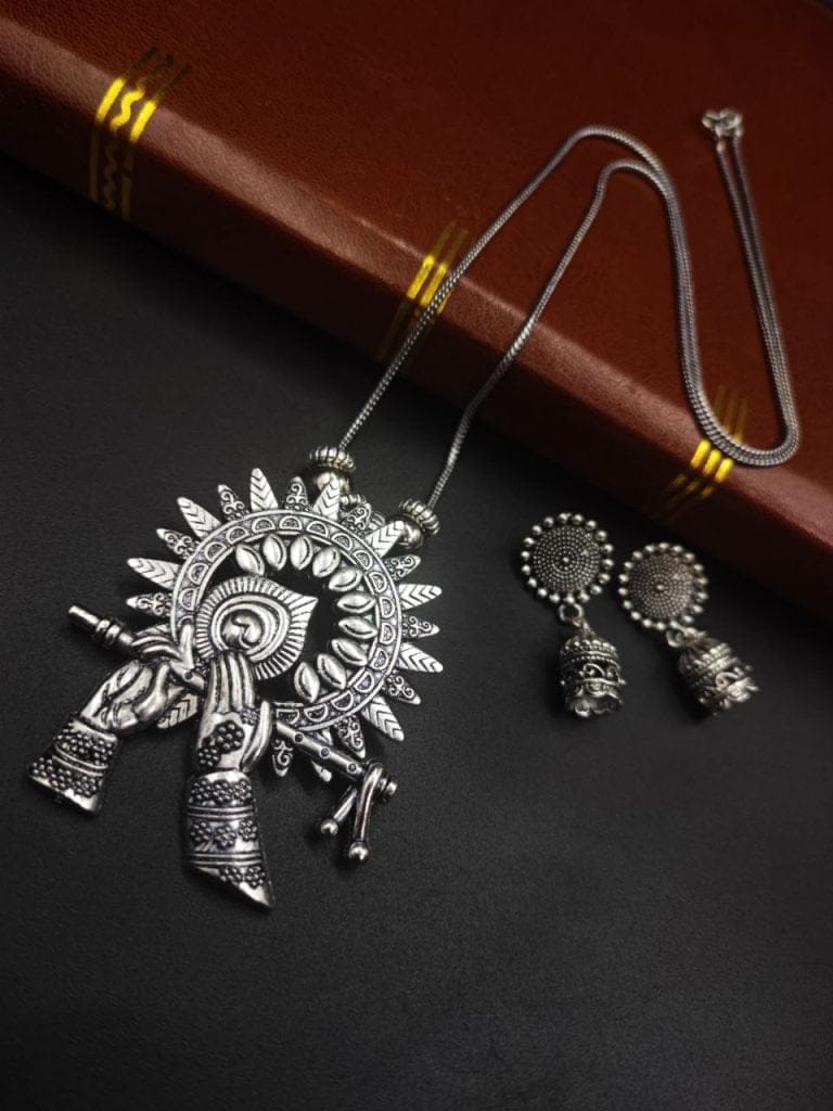Lord krishna Special Flute Pendent Oxidised Necklace With Jhumka