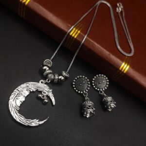 Oxidised-Designer-Piece-Of-Moon-Necklace-With-Jhumka-Earrings