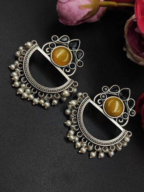 Oxidised-Silver-Look-aLike-Jewelry-Chandbali-Earrings-Monalisa-Stone