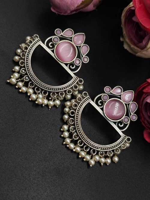 Oxidised-Silver-Look-aLike-Jewelry-Chandbali-Earrings-Monalisa-Stone