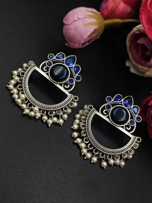 Oxidised-Silver-Look-aLike-Jewelry-Chandbali-Earrings-Monalisa-Stone