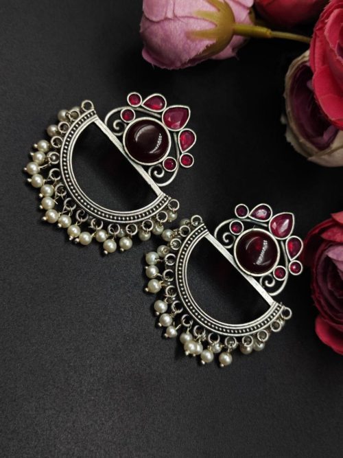 Oxidised-Silver-Look-aLike-Jewelry-Chandbali-Earrings-Monalisa-Stone