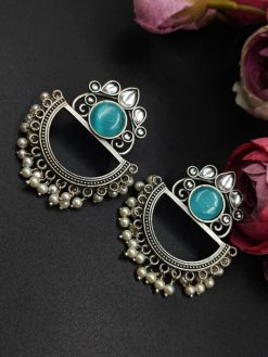 Elegant Oxidised Silver Look aLike Jewelry | Chandbali Earrings | Monalisa Stone Earring