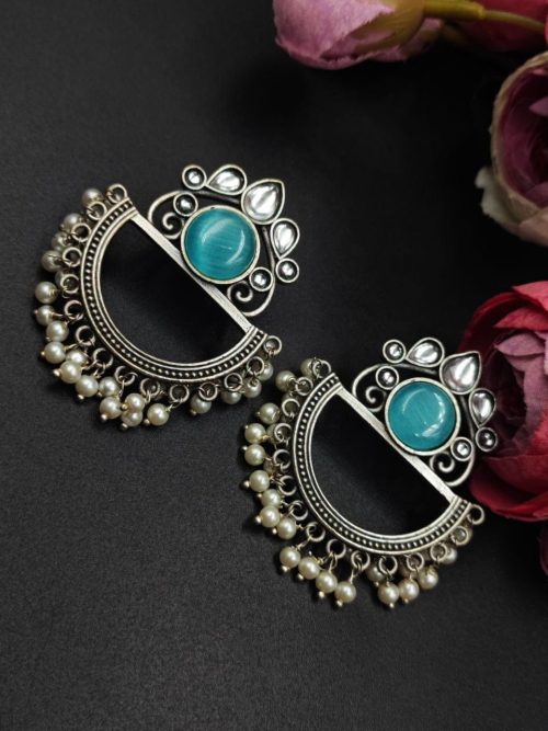 Elegant Oxidised Silver Look aLike Jewelry | Chandbali Earrings | Monalisa Stone Earring