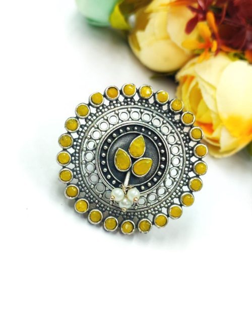 Silver Replica Round Shape Pearl Beads Work Adjustable Rings For Girls