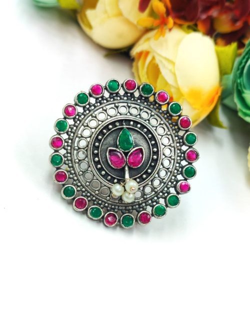 Silver Replica Round Shape Pearl Beads Work Adjustable Rings For Girls