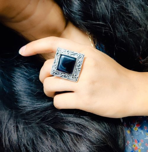 Silver Replica Oxidised Square Shape Monalisa Stone Adjustable Ring