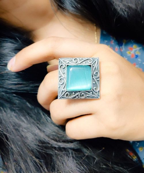 Silver Replica Oxidised Square Shape Monalisa Stone Adjustable Ring