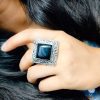 Silver Replica Oxidised Square Shape Monalisa Stone Adjustable Ring