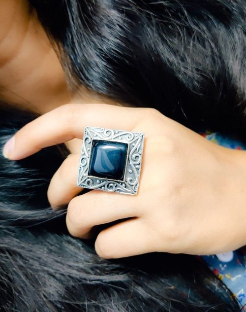 Silver Replica Oxidised Square Shape Monalisa Stone Adjustable Ring