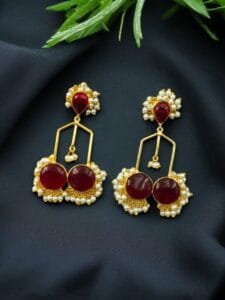 Gold Plated Beautiful Monalisa Stone Pearl Dangler Earrings – Traditional Party Wear Jewelry - color: "Red"
