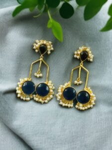 Gold Plated Beautiful Monalisa Stone Pearl Dangler Earrings – Traditional Party Wear Jewelry - color: "Blue"